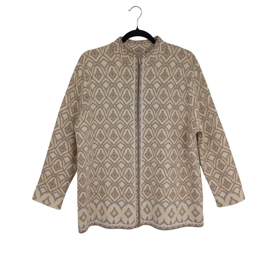 Pendleton Cardigan Merino Wool Womens Size 2X Beige & White Geometric Pattern